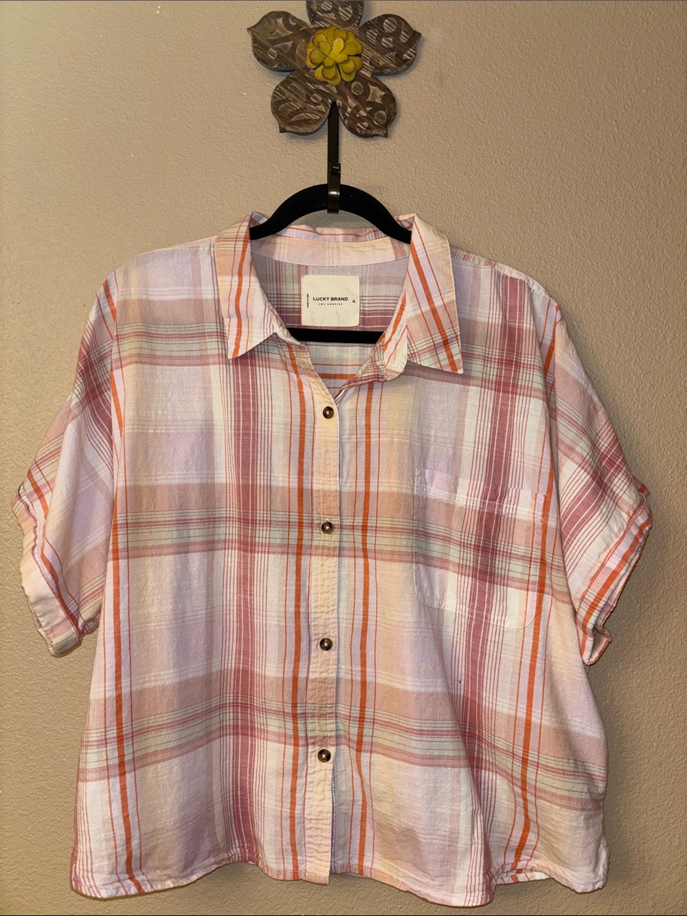Lucky Brand XL Cropped Plaid Button-Down Camp Shirt Short Sleeve Pink Orange